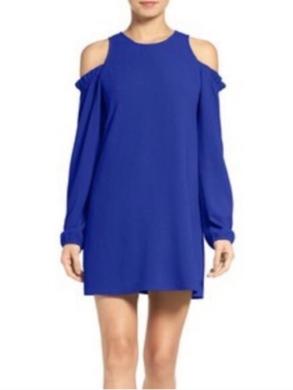 Charles Henry Cold-Shoulder Long Sleeve Mini Shift Dress in Royal Blue L